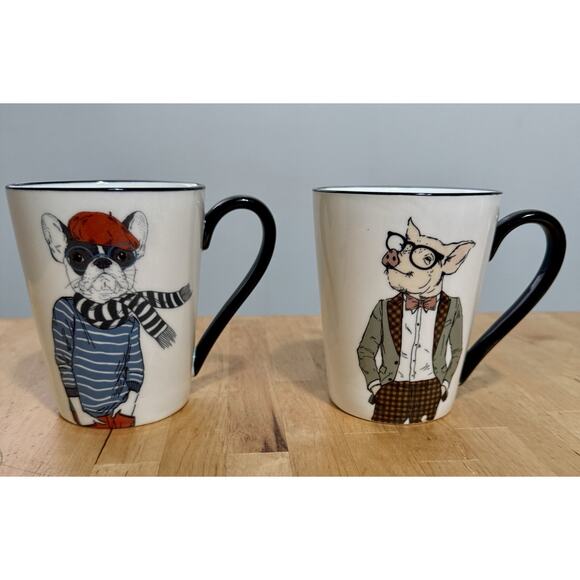 Signature Housewares Mug Set French Bulldog Pig Animal Art Stoneware Coffee Tea - Picture 1 of 4